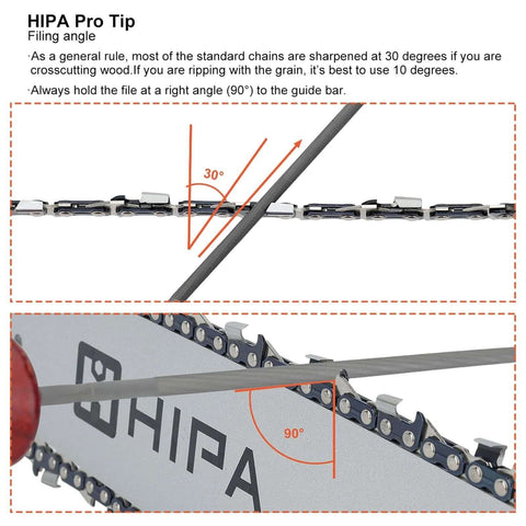 Hipa 12-pack chainsaw file kit with round files across gauges, 6-inch flat file, depth gauge, quick-check gauge.
