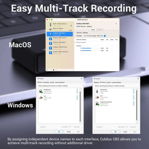 USB Audio Interface For Recording, Streaming, And Podcasting With 5 In 1 Hub settings on Mac OS and Windows for multi-track recording