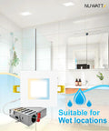 Six Inch Square Ultra Thin LED Recessed Light With Five Color Temperatures To Pick From 2700K 3000K 3500K 4000K 5000K Dimmable 1050 Lumens White Canless Slim Wafer IC Rated Metal J Box installed in bathroom ceiling, suitable for wet locations.