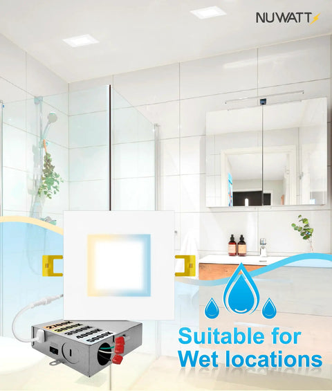 Six Inch Square Ultra Thin LED Recessed Light With Five Color Temperatures To Pick From 2700K 3000K 3500K 4000K 5000K Dimmable 1050 Lumens White Canless Slim Wafer IC Rated Metal J Box installed in bathroom ceiling, suitable for wet locations.