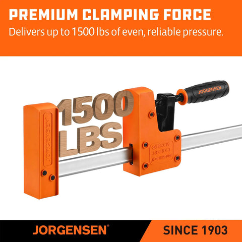 48-Inch Heavy Duty Bar Clamps Set With Parallel Jaws, 1500 Lbs Clamping Force, demonstrating pressure capacity in close-up view.