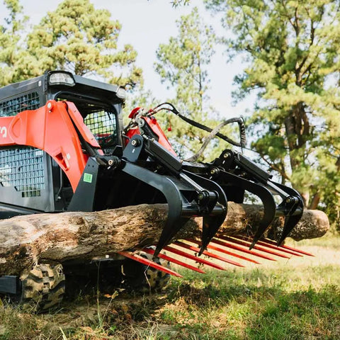 72 Inch Manure Tine Grapple Bucket Attachment With SSQA Hay Spear Frame And Double Grapple Rake Arms For Heavy Duty Clamping Power And 3000 PSI Twin Cylinders Do It All On The Farm gripping log