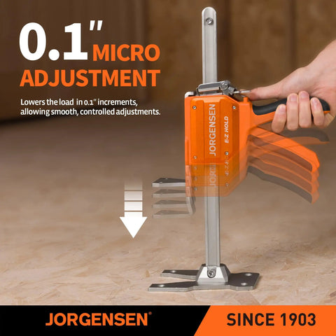 Jorgensen 470 Lb Cabinet Jack Clamp Lifting Tool demonstrating 0.1 inch micro adjustment for precise load control.