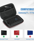 Samsung T7 And T7 Touch Portable SSD Case With Silicone Cover Hard EVA Shockproof Travel Organizer holding a T7 SSD.
