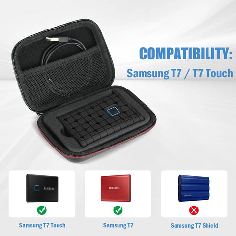 Samsung T7 And T7 Touch Portable SSD Case With Silicone Cover Hard EVA Shockproof Travel Organizer holding a T7 SSD.