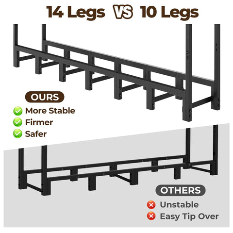 Comparison of 14-leg vs 10-leg Heavy Duty 8ft Firewood Log Rack For Outdoor Use On Porch Or Backyard Keeps Firewood Neatly Stacked