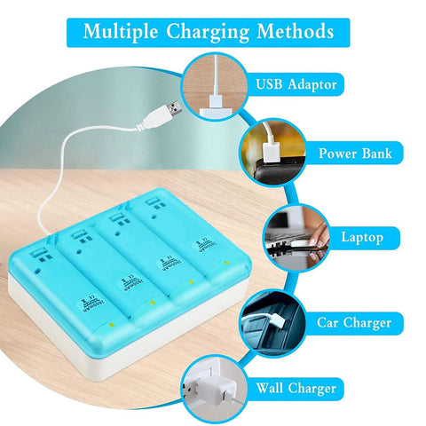 4 In 1 Battery Charger Station With 4 Pack 2800mAh NiMH Rechargeable Batteries And USB Cable For Remote Controllers White Extend Gameplay Time Easy Drop In Charging showcasing multiple charging methods