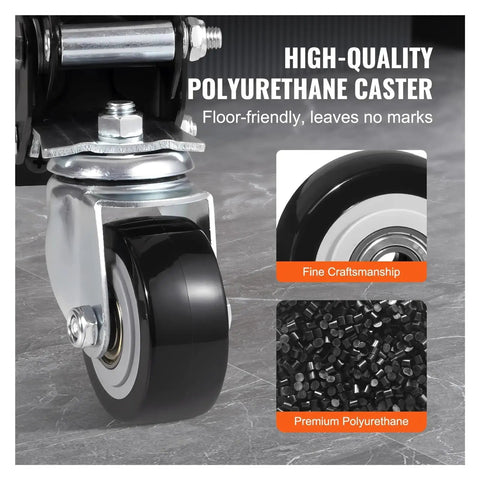 Heavy Duty Retractable Workbench Casters For Shop Tables Featuring Two Point Five Inch Urethane Wheels close-up of black polyurethane wheel with steel mount
