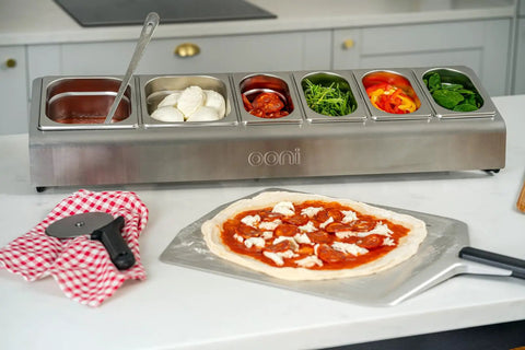 Pizza Topping Station Kit With 2 x 1.6L And 4 x 0.8L Containers, Custom Fit Lids, Outdoor Pizza Oven Accessories on counter