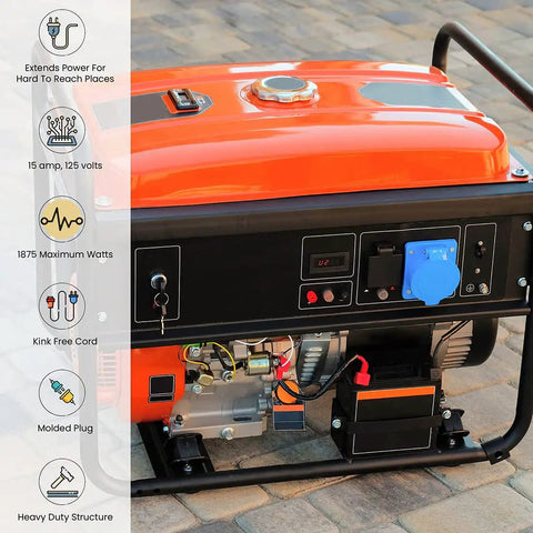 16/3 100 Foot Black Outdoor Extension Cord Heavy Duty Moisture Resistant Ideal For Tools And Equipment Contractor Grade For Construction And Outdoor Worksite Use GG-13700BK connected to orange generator on paved surface.