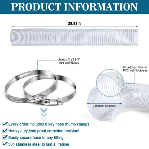 3 Inch 30 Ft PVC Dust Collection Hose With Stainless Steel Clamps Set shown with hose diameter and clamp details
