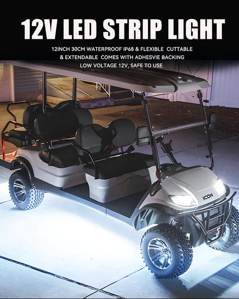 Golf cart illuminated by 12V White LED Light Strip Kit For Cars Boats Motorcycles Golf Carts And Trucks Tailgate Ready 24 Inch Extendable To 48 Inch Waterproof Interior Exterior LED Strip Lights Connectable 4 Pack at night