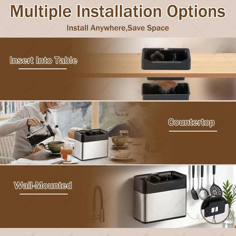 Multiple installation options for countertop and wall-mounted coffee accessory storage.