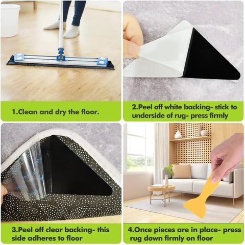Step-by-step use of 12 Pack Non Slip Rug Grippers For Hardwood Floors Tile Concrete And Marble Triangle Shape With Strong Double Sided Adhesion