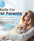 Woman holding a cat with text highlighting benefits for pet owners in using a HEPA Pre Motor Filter Compatible With Home Pro Pet Air Plus And NeoVac Elite Touchless Vacuum Cleaners Replacement Part EV PMF 2 Pack For Easy Clog Prevention And Long Lasting Performance.
