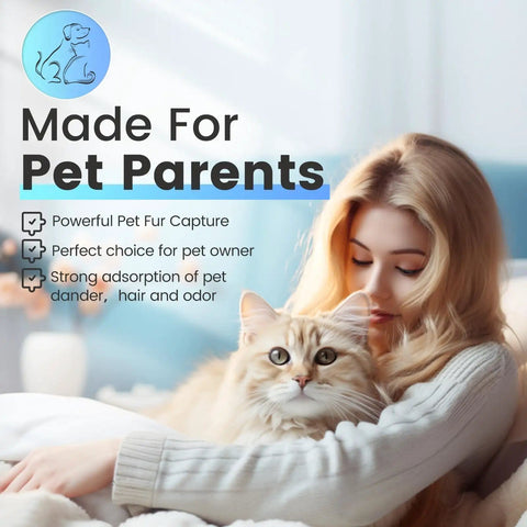 Woman holding a cat with text highlighting benefits for pet owners in using a HEPA Pre Motor Filter Compatible With Home Pro Pet Air Plus And NeoVac Elite Touchless Vacuum Cleaners Replacement Part EV PMF 2 Pack For Easy Clog Prevention And Long Lasting Performance.
