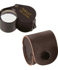 10x21 Triplet Professional Loupe with leather case shown open for jewelry and coins inspection.