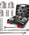 Workhorse Concrete Hole Saw Kit 11 Piece Set with 30 40 65 80 100 MM Bits SDS Plus Max Shank in black case with tools visible