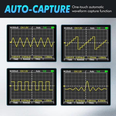 2 In 1 Portable Oscilloscope And Multimeter With 50Msps A D Sampling, showing auto waveform capture on LED screen