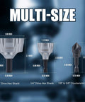 Boss Grade Tungsten Carbide Chamfer Tool Set With Deburring Bits And Countersink Drill Bit shown in multi-size hex shanks.