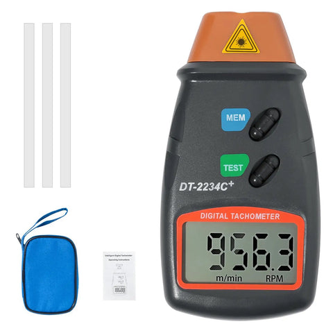 Portable Digital Laser Tachometer With Wide Measuring Range And Five Digit Display Non Contact RPM Meter with accessories visible