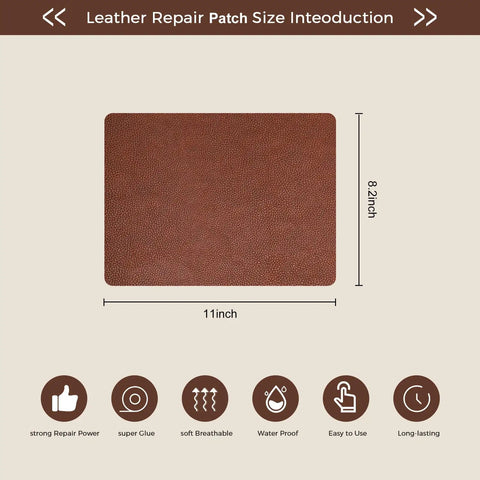 Heavy Duty Leather Repair Tape Kit That Delivers A Dang Sure Fix Easy Peel And Stick Couch Patches For Scratches Scuffs And Tears No Sew Brown 8.2 By 11 Inch 2 Pack showing dimensions and texture.