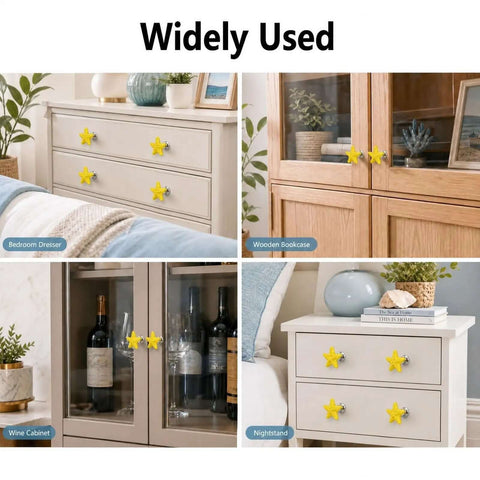 Super Legit And Totally Dope Four Piece Set Of Yellow Starfish Drawer Knobs Built With Heavy Duty Zinc Alloy And Glossy Ceramic For Quick Coastal Bedroom Vanities And Beach House Cabinet Revamps on various furniture.