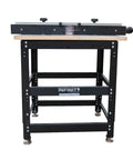 Kick Start Your Workshop With This Tight Router Table Package Featuring A Zero Wiggle Heavy Duty Stand Full Size Plycore Surface Precision Align Plate And Smooth Gliding Pro Fence, featuring a black stand and precision fence.