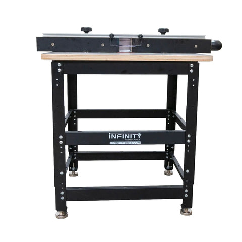 Kick Start Your Workshop With This Tight Router Table Package Featuring A Zero Wiggle Heavy Duty Stand Full Size Plycore Surface Precision Align Plate And Smooth Gliding Pro Fence, featuring a black stand and precision fence.