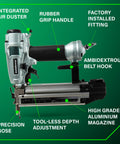 Pro 18 Gauge Brad Nailer For Trim And Furniture Projects Pneumatic Finish Nail Gun with aluminum magazine and features labeled.