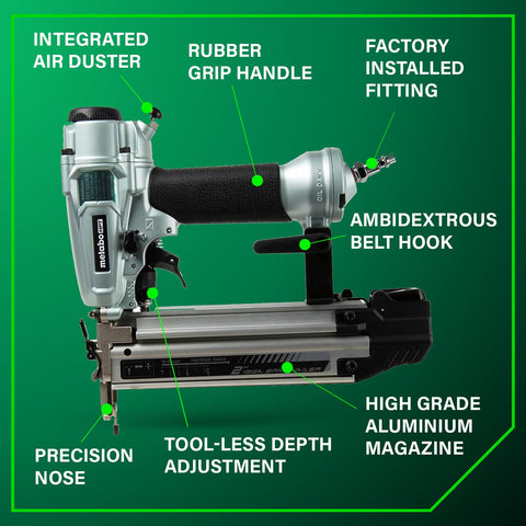 Pro 18 Gauge Brad Nailer For Trim And Furniture Projects Pneumatic Finish Nail Gun with aluminum magazine and features labeled.