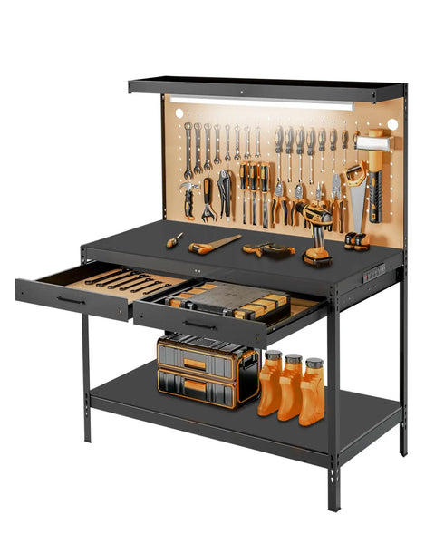 Heavy Duty Garage Work Bench With Drawers Lights Pegboard And Twelve Hooks Storage System Holds Up To 600 Lbs Built For Real Tool Nerds