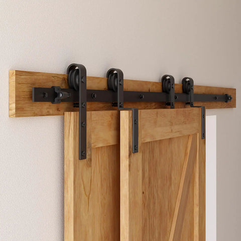 10 Feet Bypass Sliding Barn Door Hardware Kit for Double Wooden Doors, single track, installed on wall, black powder coat finish, close-up
