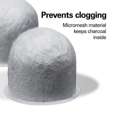 Close-up of Charcoal Water Filter Replacement Pods With Handle, 2 Pack, Improves Coffee Flavor By Removing Chlorine, Impurities, Calcium And Odors, protected by micromesh.