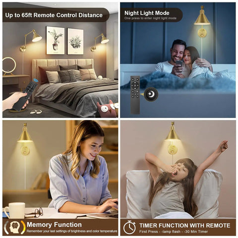 Brushed Brass Plug In Wall Sconce With Remote, Dimmable LED, swing arm, adjustable color temperature, UL Listed, 2 pack use