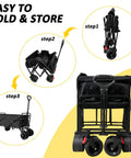 Easy folding steps for Heavy Duty Foldable Wagon Cart With 300 Lb Load Capacity, showing three stages from folded to open