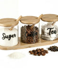 Three Pack Clear Glass Jars With Lids And Spoon On Bamboo Tray For Coffee Beans Sugar Tea Condiments A Handy Storage Set