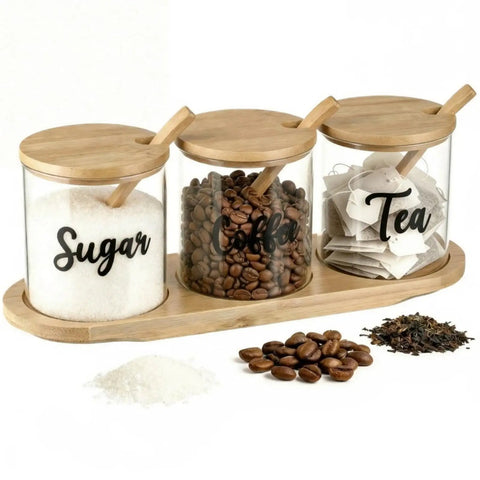 Three Pack Clear Glass Jars With Lids And Spoon On Bamboo Tray For Coffee Beans Sugar Tea Condiments A Handy Storage Set