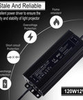 Beefy 120W 12V DC LED power supply with IP67 waterproof rating and short circuit, overload, overcurrent, overtemperature protection