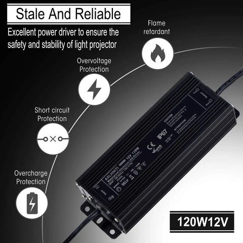 Beefy 120W 12V DC LED power supply with IP67 waterproof rating and short circuit, overload, overcurrent, overtemperature protection