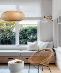 Vintage Bamboo Woven Pendant Light With Birdcage Shade in a cozy living room setting, 23.62 inch wide, natural bamboo.