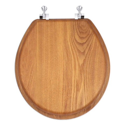 Round Wood Toilet Seat With Durable Chrome Hinges, Natural Oak Veneer Finish, Easy Install, Easy To Clean, Durable Wooden Bathroom Seat For Standard Round Toilets With Beautiful Wood Grain Look