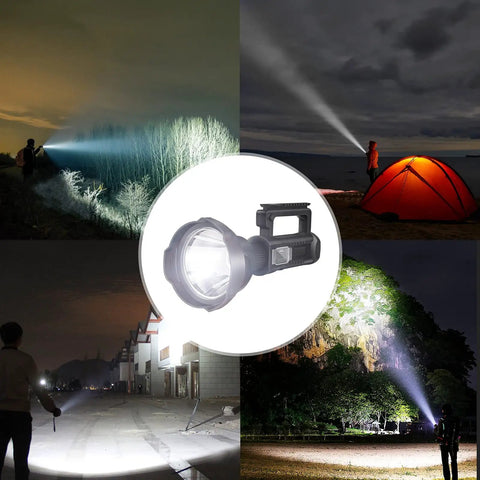 Go To Beast Mode 100000 Lumen Spotlight Flashlight with Tripod in outdoor settings, highlighting four modes, IPX5 waterproof use
