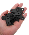 Heavy Duty Black Flat Metal Corner Shelf Brackets Set 20 Pack, Straight Brace Mending Plates shown in hand with screws