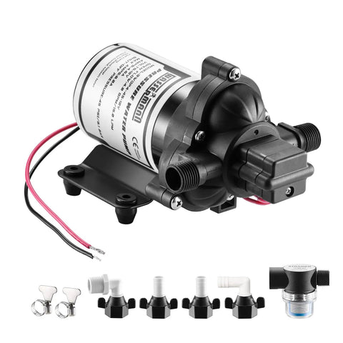 12V RV Water Pump Self Priming With 4 GPM At 45 PSI And Pressure Switch Plug And Play Kit With Hoses Debris Filter Manual for RVs Boats