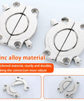 Top Shelf Rock Solid 2 Pack Table Buckle Connectors Heavy Duty Zinc Alloy Wood Joining Hardware with 8 Mounting Screws close-up view.