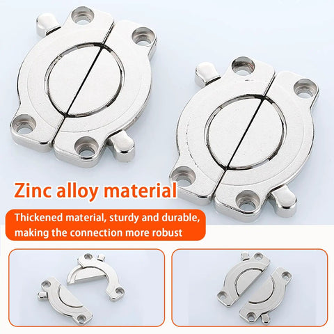 Top Shelf Rock Solid 2 Pack Table Buckle Connectors Heavy Duty Zinc Alloy Wood Joining Hardware with 8 Mounting Screws close-up view.