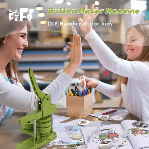 DIY Button Badge Maker Kit 3 In 1 Press With 1 Inch, 1.25 Inch, And 2.25 Inch Molds on table with crafting supplies and people
