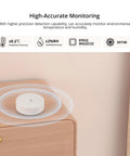 Zigbee Temperature Humidity Sensor For Your Smart Home Setup With Real Time Alerts Indoor Thermometer Hygrometer Compatible With Alexa And Google Home High Accuracy 0.2 C Temperature And Two Percent RH Humidity Requires Zigbee Hub on bedside table