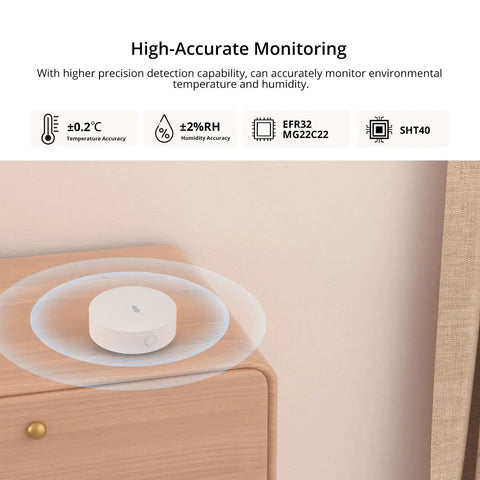 Zigbee Temperature Humidity Sensor For Your Smart Home Setup With Real Time Alerts Indoor Thermometer Hygrometer Compatible With Alexa And Google Home High Accuracy 0.2 C Temperature And Two Percent RH Humidity Requires Zigbee Hub on bedside table
